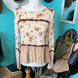 Floral Long Sleeve Blouse with Lace Accents